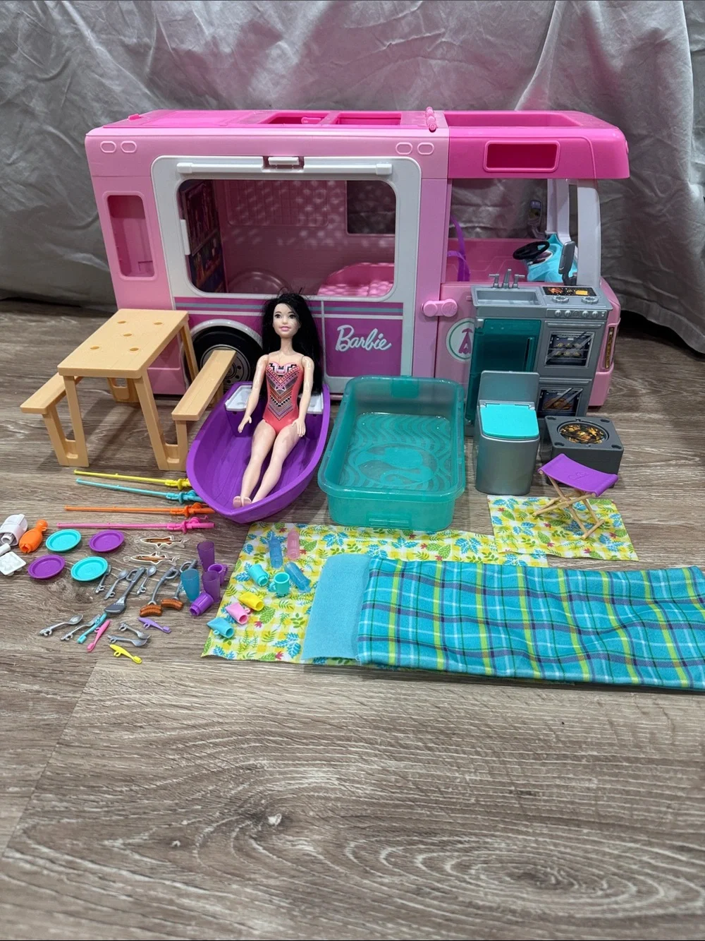 Barbie Pink Play Camper Van with Teal Tray and Plaid Mat